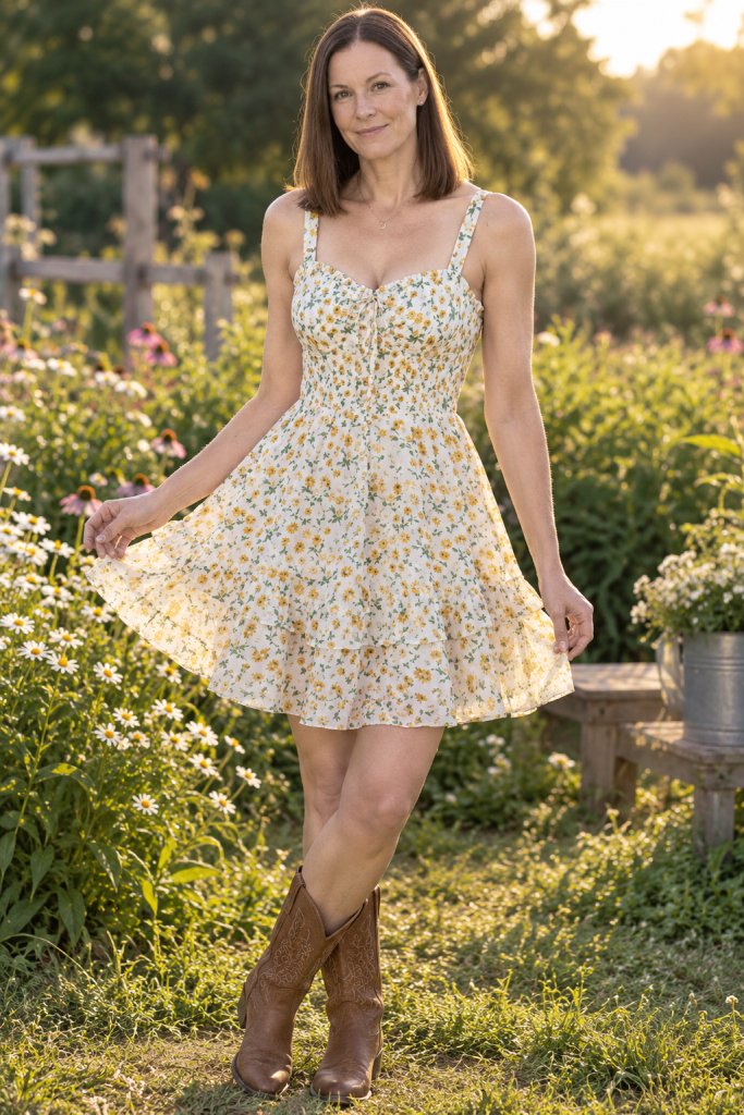 Woman wearing a yellow floral summer mini dress in a garden