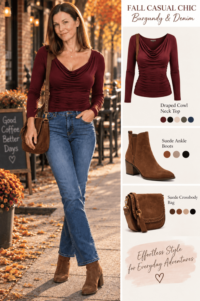 Woman wearing a burgundy cowl neck top, blue jeans, brown ankle boots, and a brown crossbody bag in a casual chic fall outfit.
