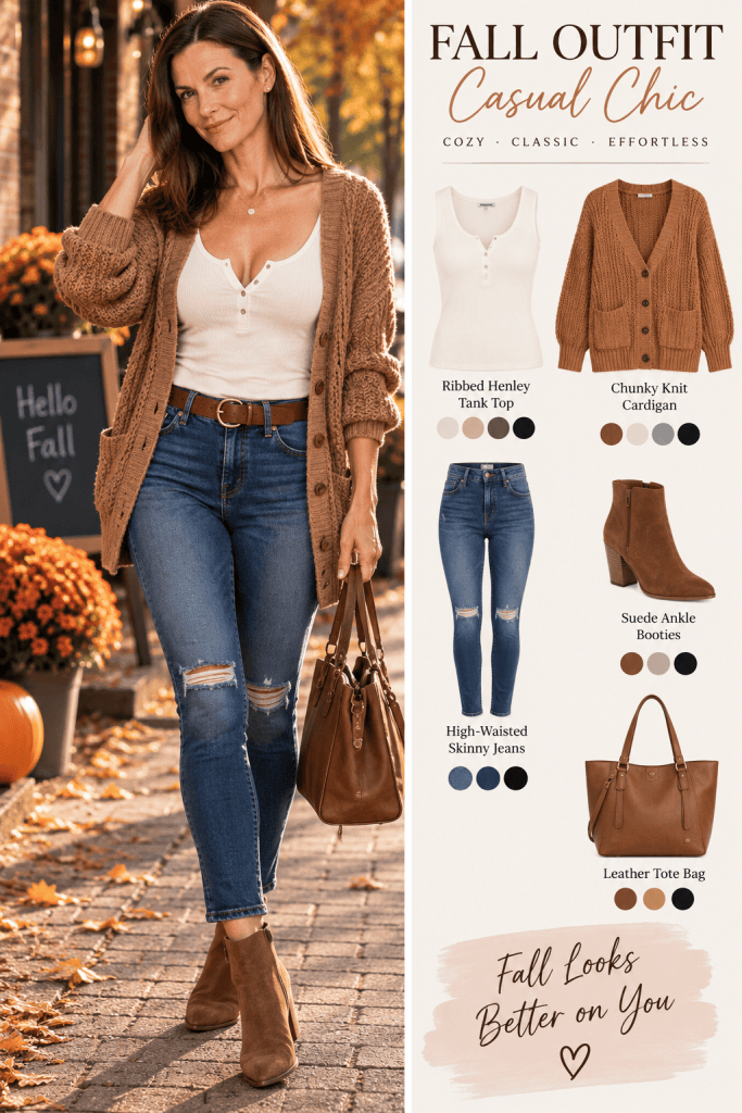 Woman wearing a chunky brown cardigan, white henley top, blue jeans, and brown ankle boots in a casual fall outfit.