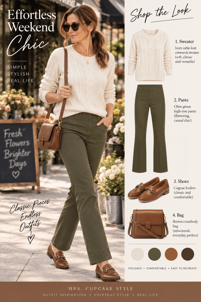 Effortless weekend chic outfit with cream cable knit sweater, olive pants and cognac loafers