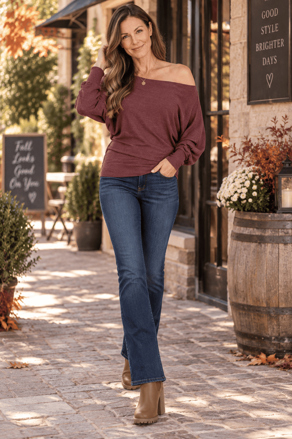 Wine Off-Shoulder Sweater + Flare Jeans Fall Boho&nbsp;Outfit