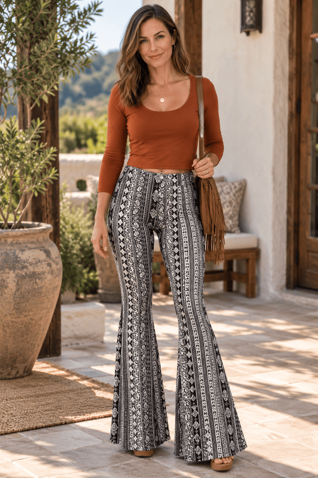 Rust Top + Black & White Flare Pants Boho&nbsp;Outfit