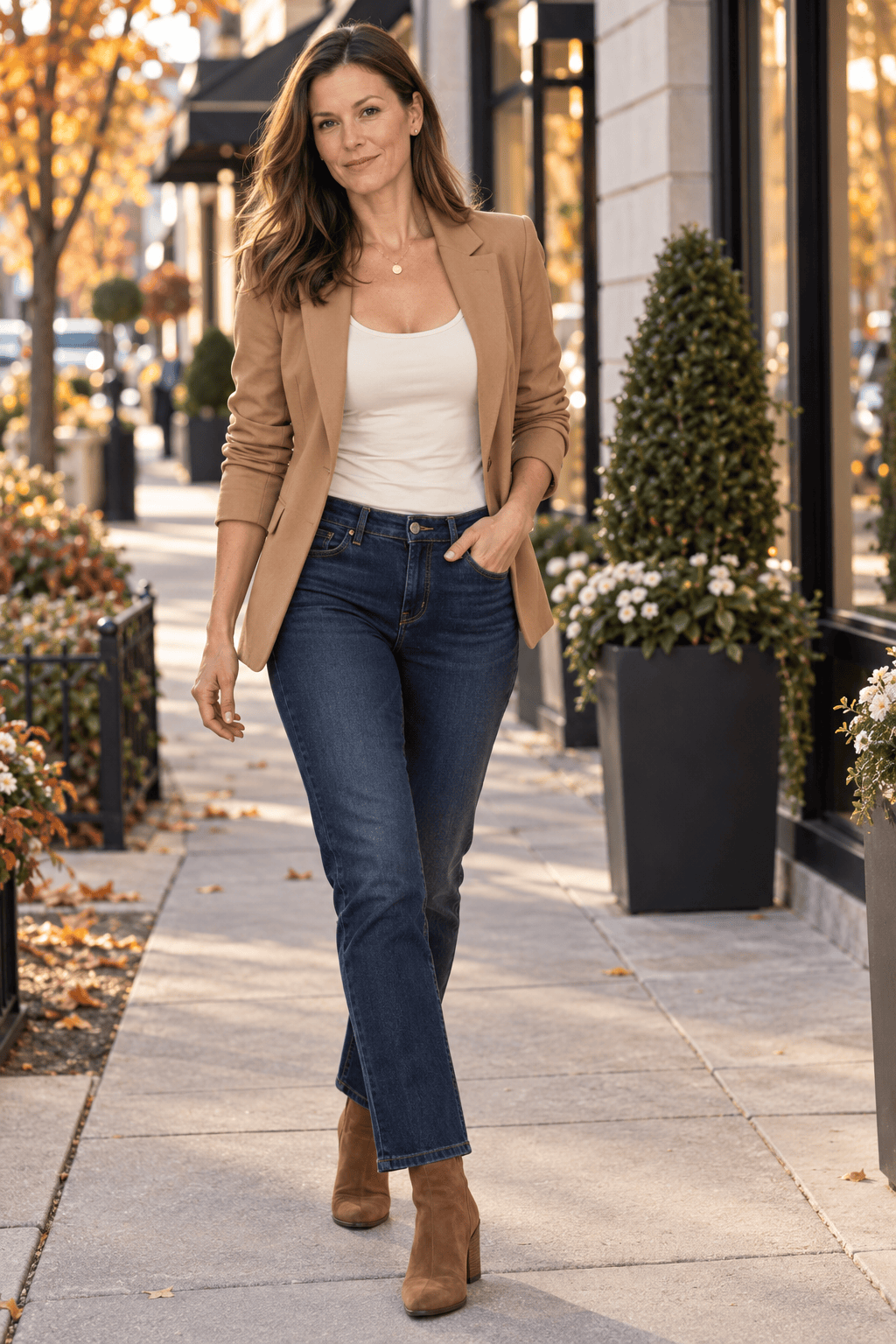 Elevated Casual Weekend Outfit with Camel Blazer & Dark Wash&nbsp;Jeans
